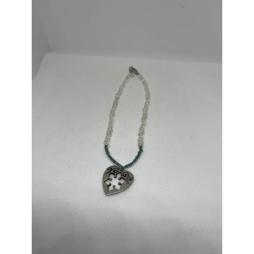 Vintage Hand‎ Beaded Enamel Heart Pendant Necklace TT